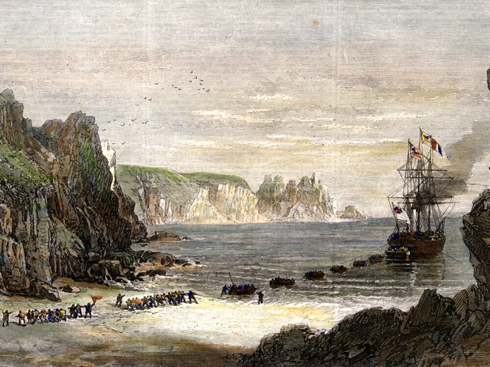 Colour illustration showing landing of telegraph cable on Porthcurno beach, Telegraph station in Porthcurno Cornwall.