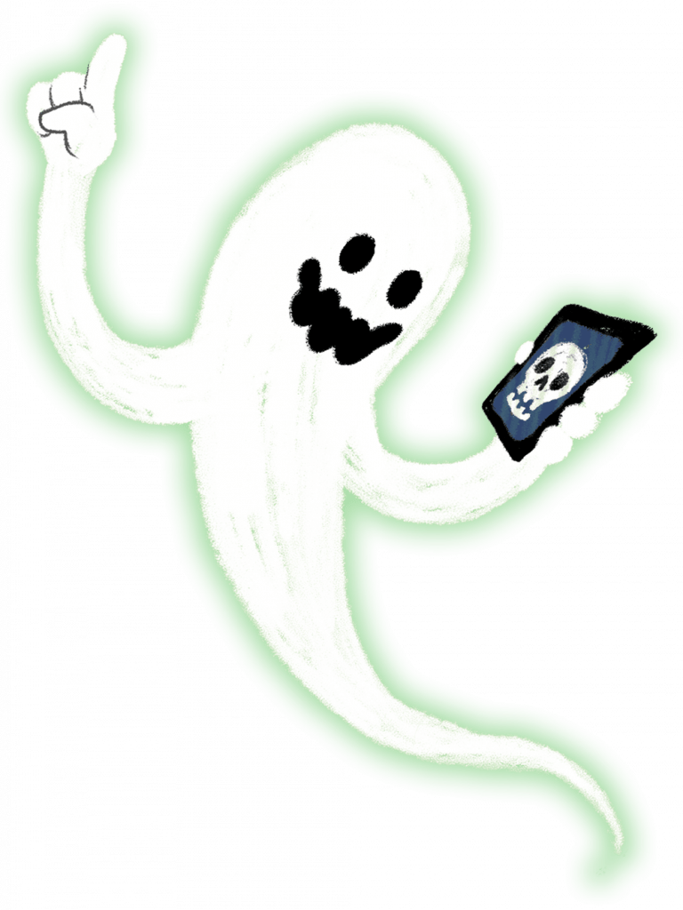 A white friendly ghost with a green hue surrounding it. Holding a smartphone.