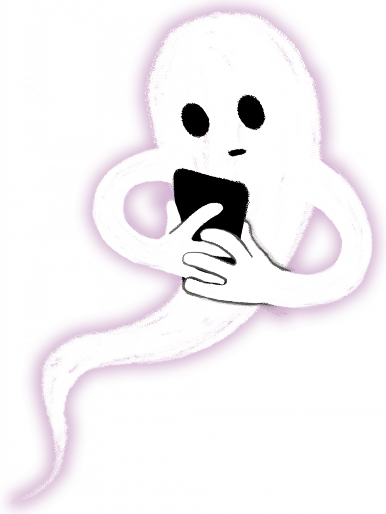 A white friendly ghost with a pink hue surrounding it. Holding a smartphone.